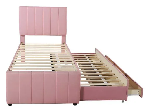 Gestoffeerd Linnen Bed 90X200Cm - Met Onderschuifbed Op Wielen En 3 Lades - Roze