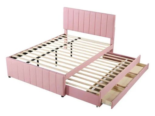 Gestoffeerd Linnen Bed 140X200Cm - Met Onderschuifbed Op Wielen En 3 Lades - Roze