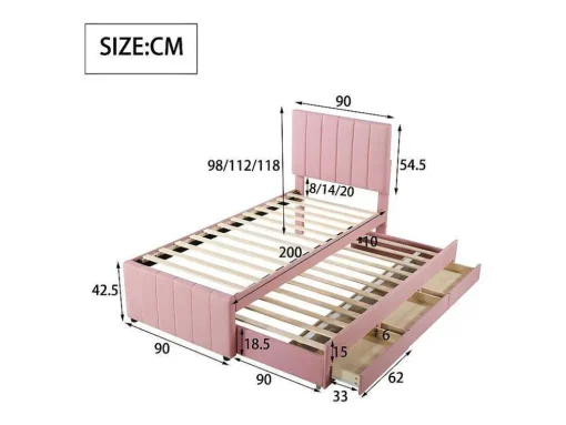 Gestoffeerd Linnen Bed 90X200Cm - Met Onderschuifbed Op Wielen En 3 Lades - Roze