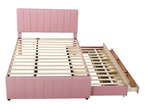 Gestoffeerd Linnen Bed 140X200Cm - Met Onderschuifbed Op Wielen En 3 Lades - Roze