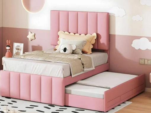 Gestoffeerd Linnen Bed 90X200Cm - Met Onderschuifbed Op Wielen En 3 Lades - Roze