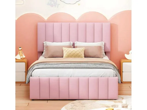 Gestoffeerd Linnen Bed 140X200Cm - Met Onderschuifbed Op Wielen En 3 Lades - Roze