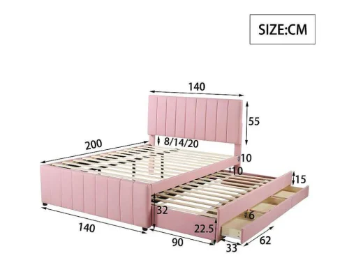 Gestoffeerd Linnen Bed 140X200Cm - Met Onderschuifbed Op Wielen En 3 Lades - Roze