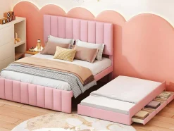 Gestoffeerd Linnen Bed 140X200Cm - Met Onderschuifbed Op Wielen En 3 Lades - Roze