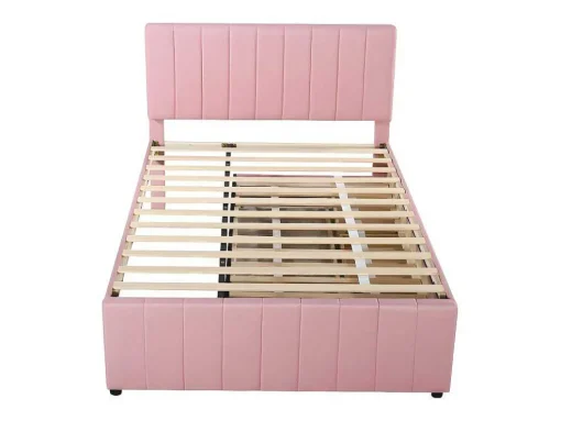 Gestoffeerd Linnen Bed 140X200Cm - Met Onderschuifbed Op Wielen En 3 Lades - Roze