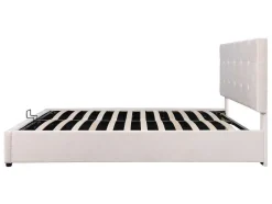 Gestoffeerd Opbergbed - 140X200Cm - Fluwelen Stof - Verstelbaar Blokpatroon Hoofdeinde - Creme