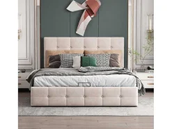 Gestoffeerd Opbergbed - 140X200Cm - Fluwelen Stof - Verstelbaar Blokpatroon Hoofdeinde - Creme