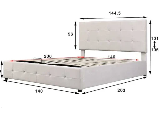 Gestoffeerd Opbergbed - 140X200Cm - Fluwelen Stof - Verstelbaar Blokpatroon Hoofdeinde - Creme