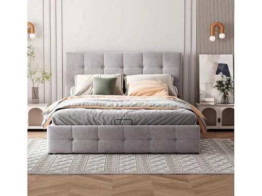 Gestoffeerd Opbergbed - 140X200Cm - Fluwelen Stof - Verstelbaar Hoofdeinde Met Blokpatroon - Grijs