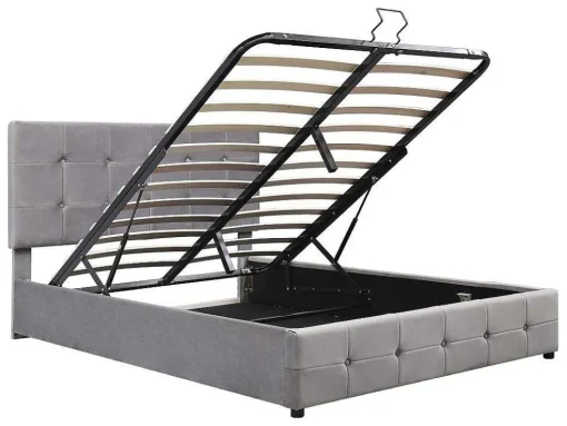 Gestoffeerd Opbergbed - 140X200Cm - Fluwelen Stof - Verstelbaar Hoofdeinde Met Blokpatroon - Grijs