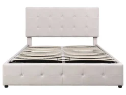 Gestoffeerd Opbergbed - 140X200Cm - Fluwelen Stof - Verstelbaar Blokpatroon Hoofdeinde - Creme