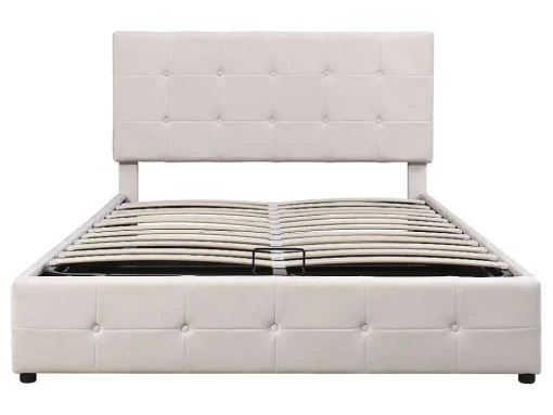 Gestoffeerd Opbergbed - 140X200Cm - Fluwelen Stof - Verstelbaar Blokpatroon Hoofdeinde - Creme
