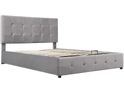 Gestoffeerd Opbergbed - 140X200Cm - Fluwelen Stof - Verstelbaar Hoofdeinde Met Blokpatroon - Grijs