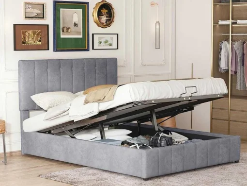 Gestoffeerd Opbergbed - 140X200Cm - Fluwelen Stof - Grijs