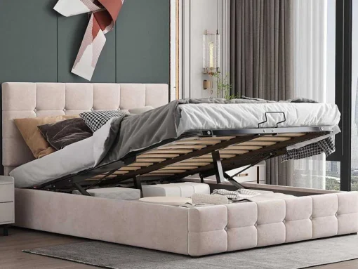 Gestoffeerd Opbergbed - 140X200Cm - Fluwelen Stof - Verstelbaar Blokpatroon Hoofdeinde - Creme