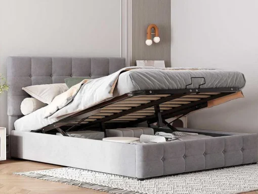 Gestoffeerd Opbergbed - 140X200Cm - Fluwelen Stof - Verstelbaar Hoofdeinde Met Blokpatroon - Grijs