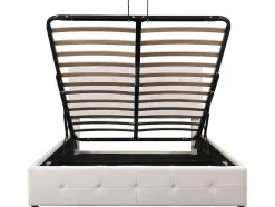 Gestoffeerd Opbergbed - 140X200Cm - Fluwelen Stof - Verstelbaar Blokpatroon Hoofdeinde - Creme