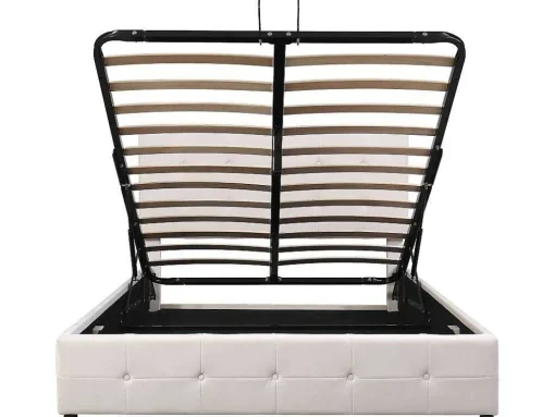 Gestoffeerd Opbergbed - 140X200Cm - Fluwelen Stof - Verstelbaar Blokpatroon Hoofdeinde - Creme