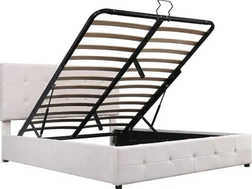 Gestoffeerd Opbergbed - 140X200Cm - Fluwelen Stof - Verstelbaar Blokpatroon Hoofdeinde - Creme