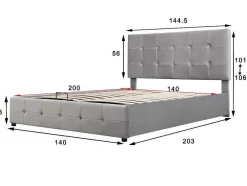 Gestoffeerd Opbergbed - 140X200Cm - Fluwelen Stof - Verstelbaar Hoofdeinde Met Blokpatroon - Grijs