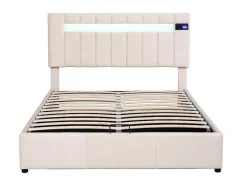 Gestoffeerd Opbergbed 140X200Cm - Stof Fluweel - Met Led En Bluetooth Speler - Beige