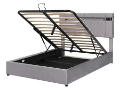 Gestoffeerd Opbergbed 140X200Cm - Fluwelen Stof - Met Led En Bluetooth Speler - Grijs