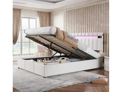 Gestoffeerd Opbergbed 140X200Cm - Stof Fluweel - Met Led En Bluetooth Speler - Beige