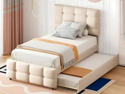 Getuft Onderschuifbed 90X200Cm - Verstelbaar Hoofdeinde - Linnen Stof - Beige