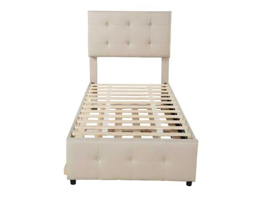 Getuft Onderschuifbed 90X200Cm - Verstelbaar Hoofdeinde - Linnen Stof - Beige