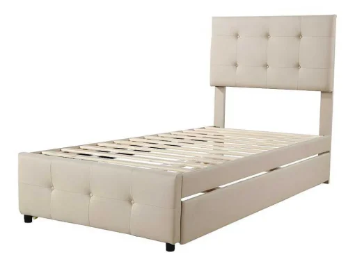 Getuft Onderschuifbed 90X200Cm - Verstelbaar Hoofdeinde - Linnen Stof - Beige