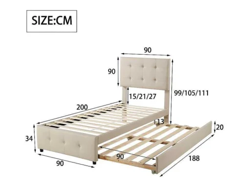 Getuft Onderschuifbed 90X200Cm - Verstelbaar Hoofdeinde - Linnen Stof - Beige