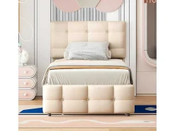 Getuft Onderschuifbed 90X200Cm - Verstelbaar Hoofdeinde - Linnen Stof - Beige