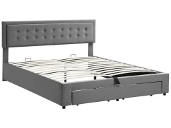 Gewatteerd Opbergbed 160X200Cm In Fluweel Met Lade + Lattenbodem - Grijs (Zonder Matras)