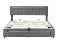 Gewatteerd Opbergbed 160X200Cm In Fluweel Met Lade + Lattenbodem - Grijs (Zonder Matras)