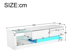 Glanzend Tv-Meubel Met 2 Deuren En 2 Glazen Planken - Spaanplaat - Led'S - Wit