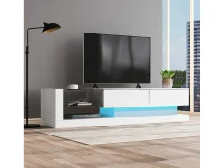 Glanzend Tv-Meubel Met 2 Deuren En 2 Glazen Planken - Spaanplaat - Led'S - Wit