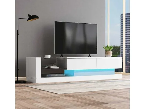 Glanzend Tv-Meubel Met 2 Deuren En 2 Glazen Planken - Spaanplaat - Led'S - Wit