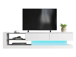 Glanzend Tv-Meubel Met 2 Deuren En 2 Glazen Planken - Spaanplaat - Led'S - Wit