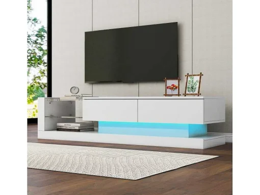 Glanzend Tv-Meubel Met 2 Deuren En 2 Glazen Planken - Spaanplaat - Led'S - Wit