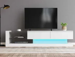 Glanzend Tv-Meubel Met 2 Deuren En 2 Glazen Planken - Spaanplaat - Led'S - Wit