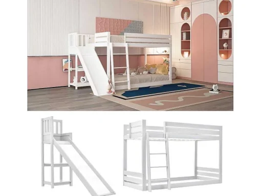 Grenen Stapelbed Met Plank En Glijbaan + Lattenbodem - 90X200Cm - Wit
