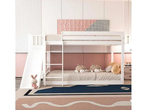 Grenen Stapelbed Met Plank En Glijbaan + Lattenbodem - 90X200Cm - Wit