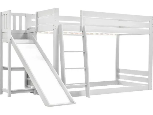 Grenen Stapelbed Met Plank En Glijbaan + Lattenbodem - 90X200Cm - Wit