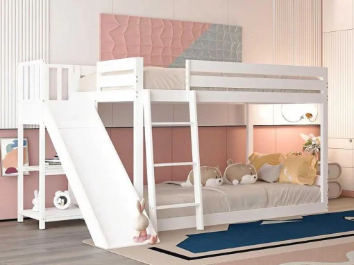 Grenen Stapelbed Met Plank En Glijbaan + Lattenbodem - 90X200Cm - Wit