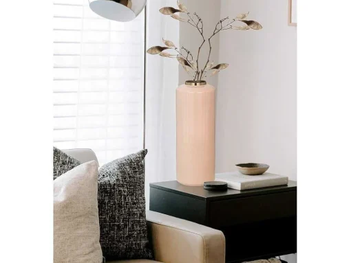 Grote Geemailleerde Metalen Vaas - D. 19 X H. 50 Cm - Beige En Goud - Goriat