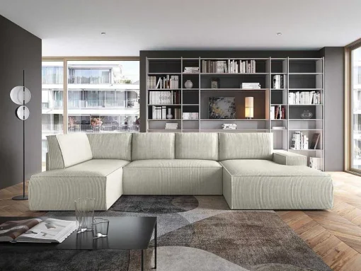 Grote Omkeerbare Hoekbank Van Beige Ribfluweel Amelia