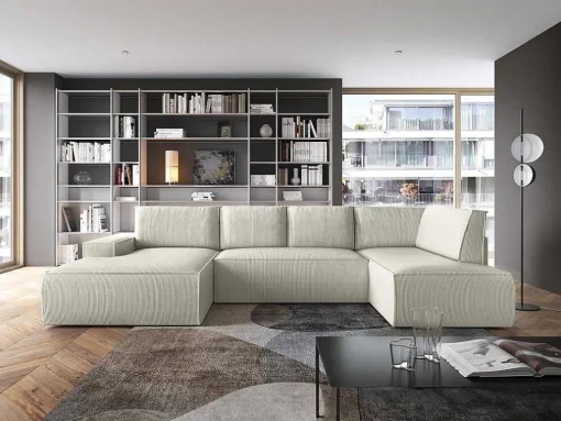 Grote Panoramische Omkeerbare Hoekslaapbank Met Hoek Links Van Beige Ribfluweel Amelia