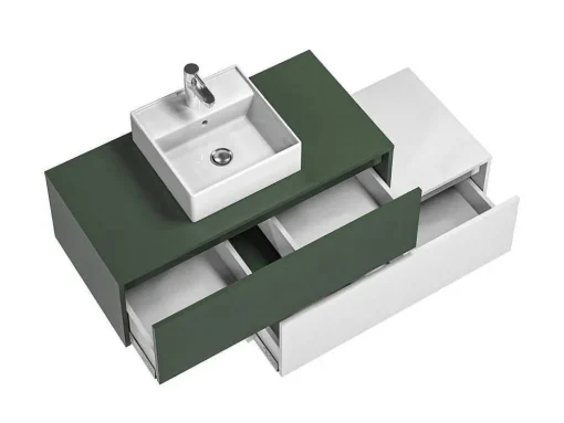 Hangend Badkamermeubel Groen En Wit Met Enkele Wastafel En Twee Laden - 94 Cm - Teana Ii