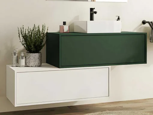 Hangend Badkamermeubel Groen En Wit Met Enkele Wastafel En Twee Laden - 94 Cm - Teana Ii