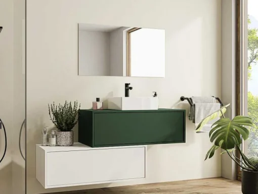Hangend Badkamermeubel Groen En Wit Met Enkele Wastafel En Twee Laden - 94 Cm - Teana Ii